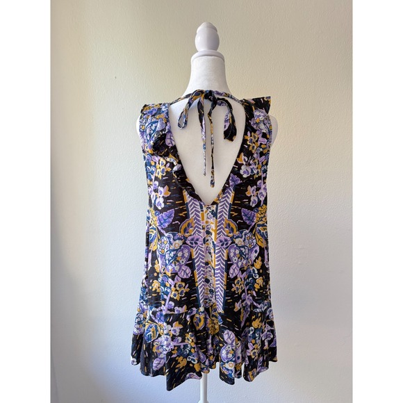 Free People Women's M Boho Floral Ruffle Mini Dress Open Back Tie Summer Casual - Picture 3 of 8